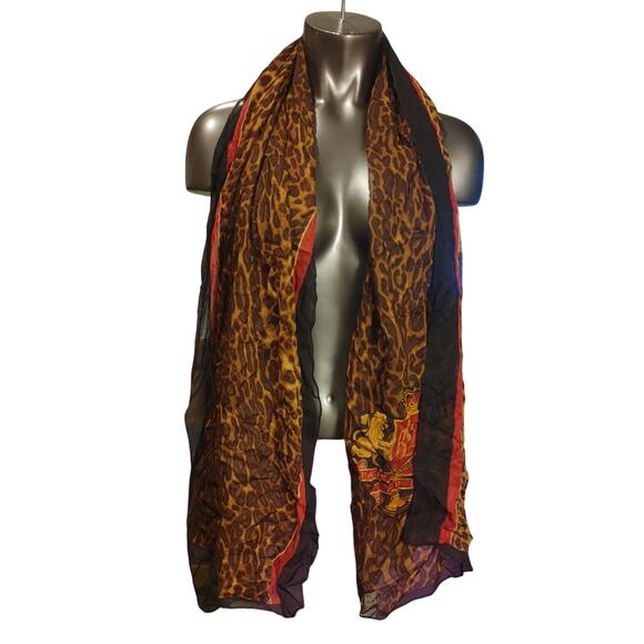 Ralph Lauren Wrap Scarf Leopard Print Stripe Brown Gold Red OS - Picture 1 of 2
